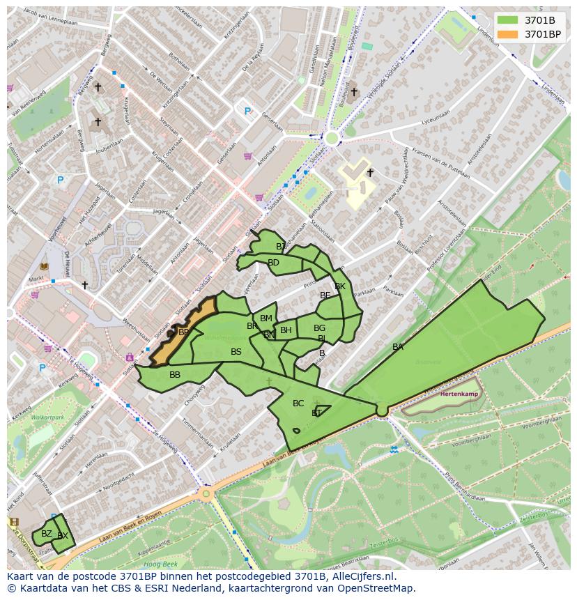 Afbeelding van het postcodegebied 3701 BP op de kaart.