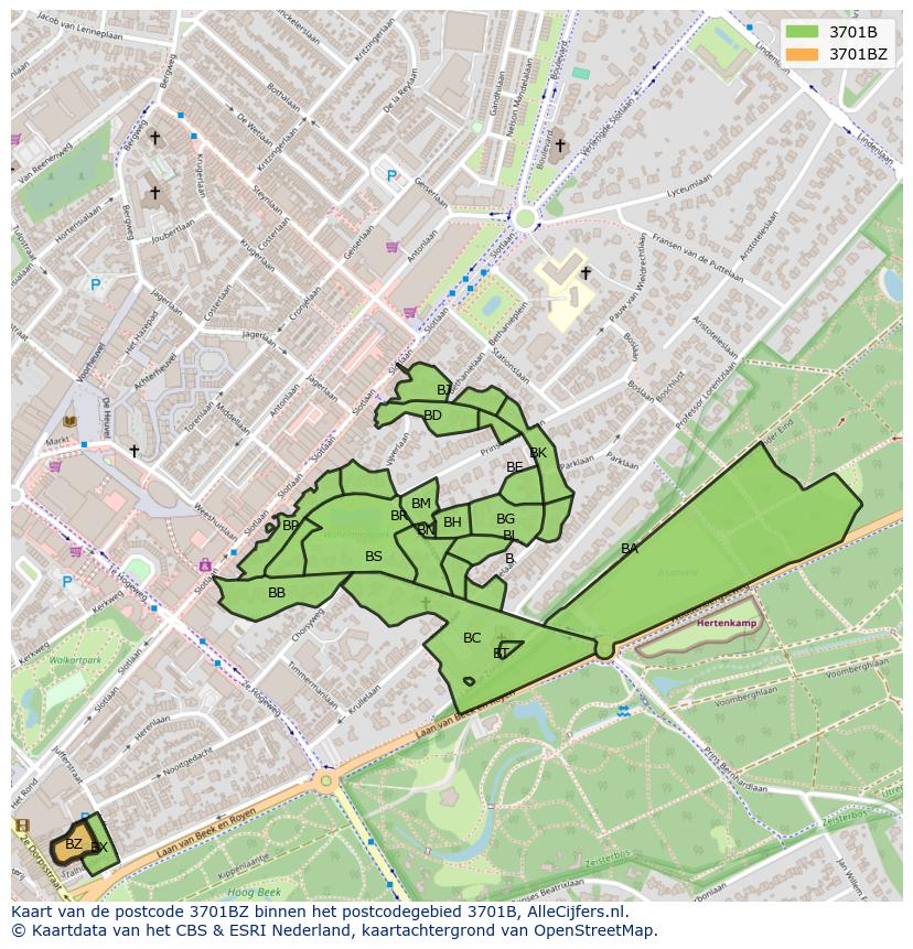 Afbeelding van het postcodegebied 3701 BZ op de kaart.