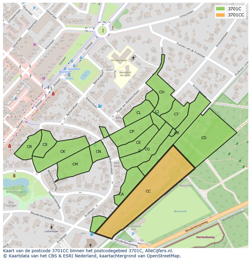 Afbeelding van het postcodegebied 3701 CC op de kaart.