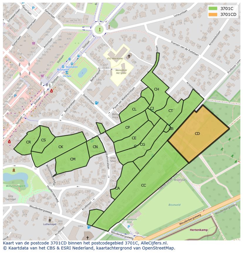 Afbeelding van het postcodegebied 3701 CD op de kaart.