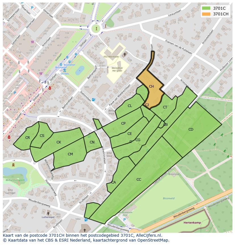 Afbeelding van het postcodegebied 3701 CH op de kaart.