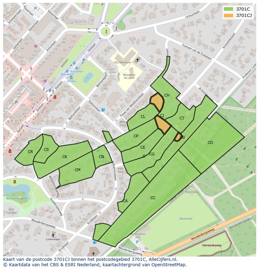 Afbeelding van het postcodegebied 3701 CJ op de kaart.