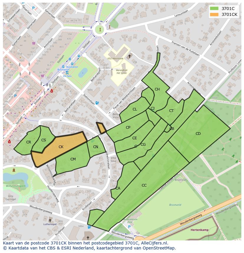 Afbeelding van het postcodegebied 3701 CK op de kaart.