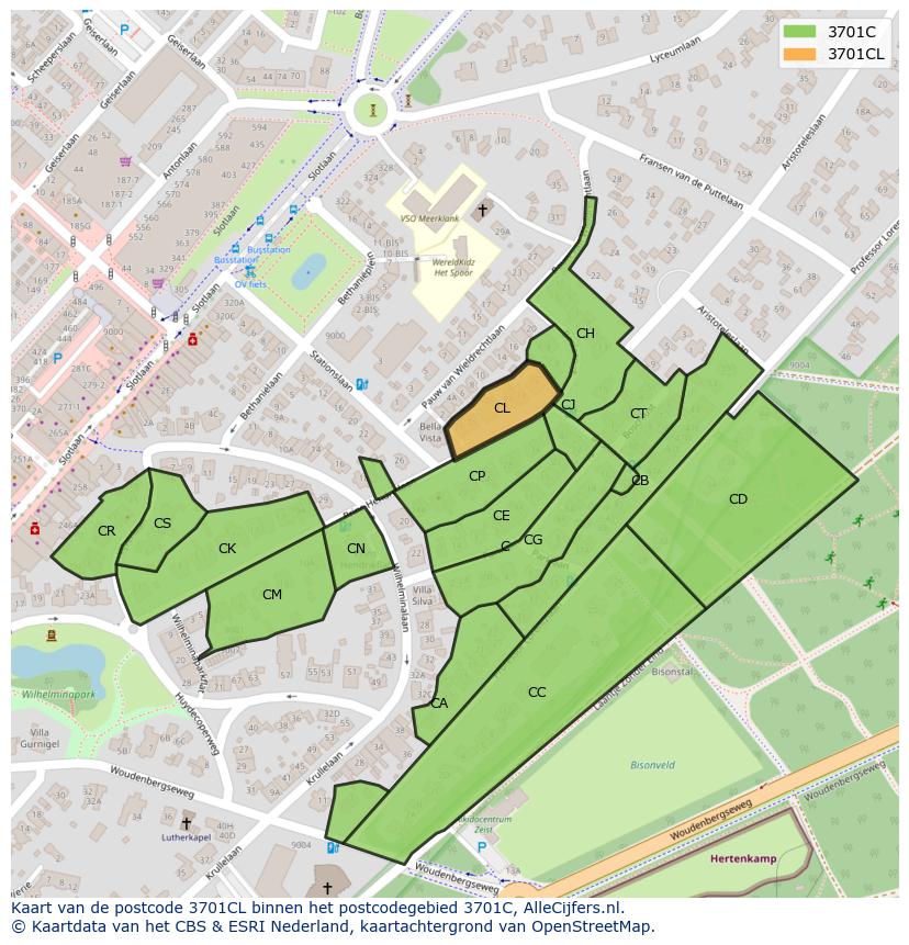 Afbeelding van het postcodegebied 3701 CL op de kaart.
