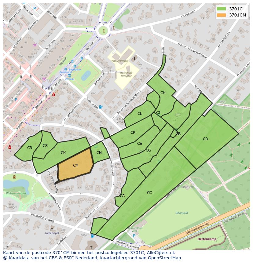 Afbeelding van het postcodegebied 3701 CM op de kaart.
