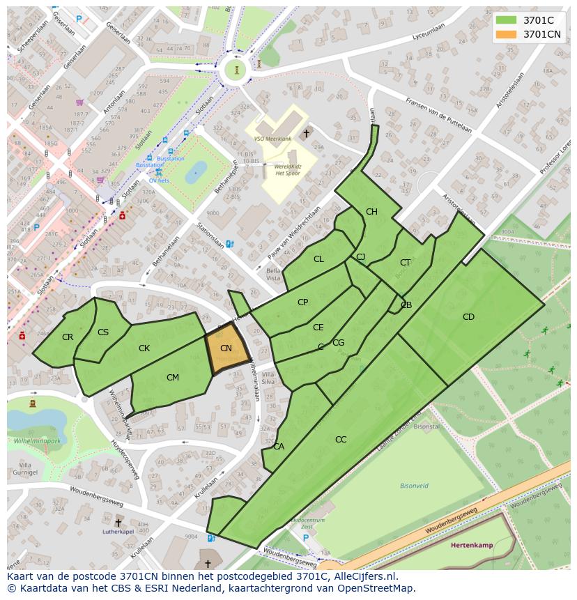 Afbeelding van het postcodegebied 3701 CN op de kaart.