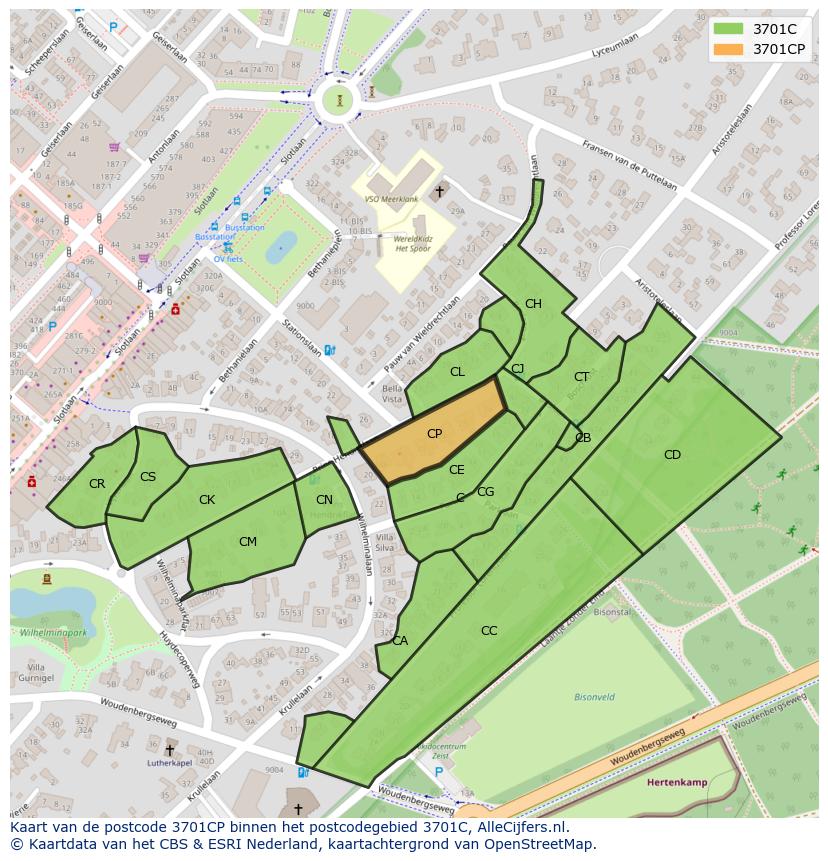 Afbeelding van het postcodegebied 3701 CP op de kaart.