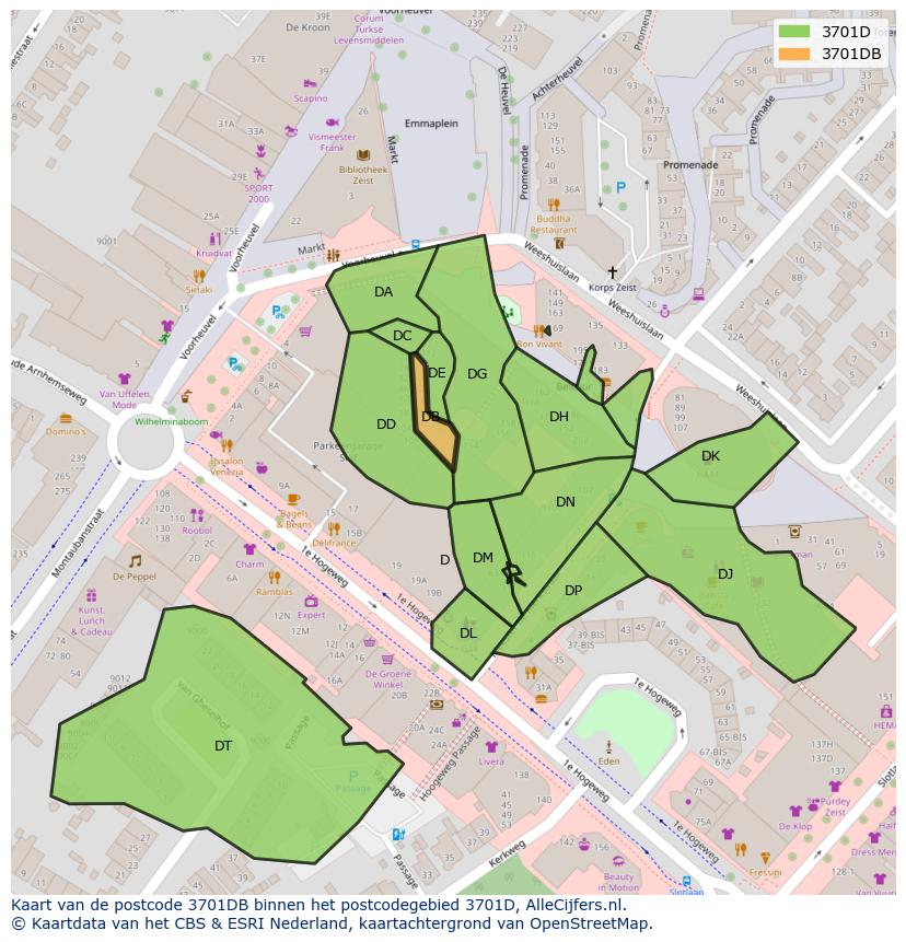 Afbeelding van het postcodegebied 3701 DB op de kaart.