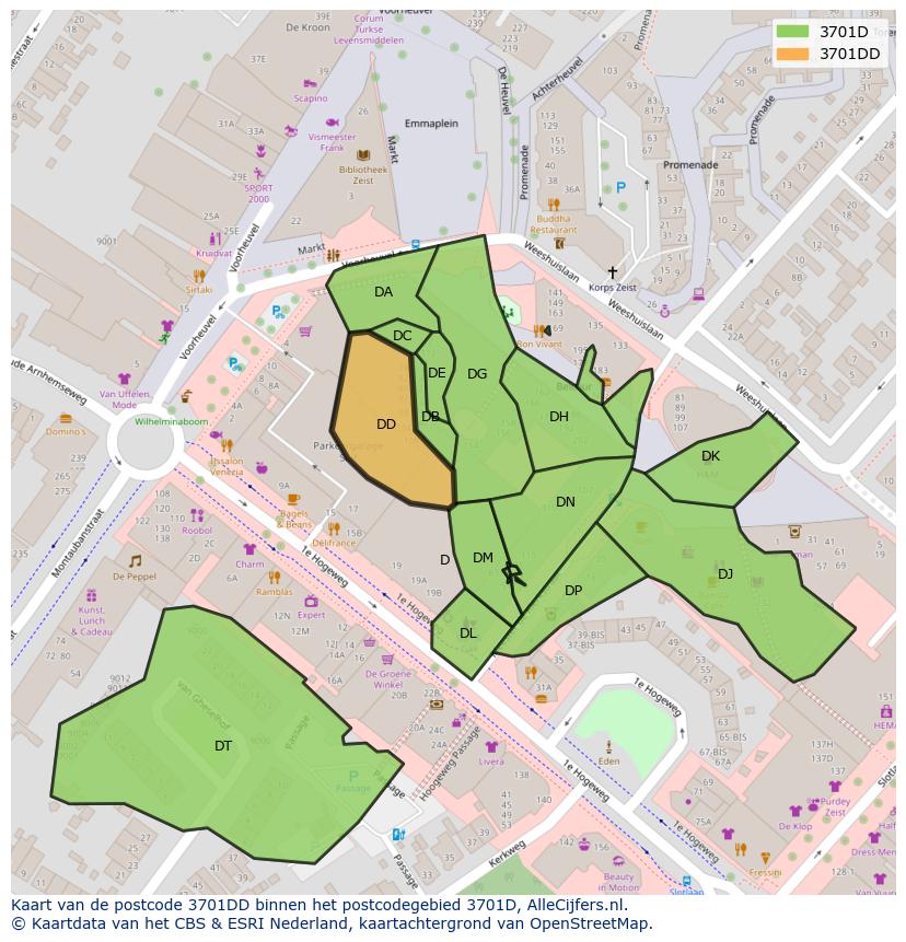 Afbeelding van het postcodegebied 3701 DD op de kaart.