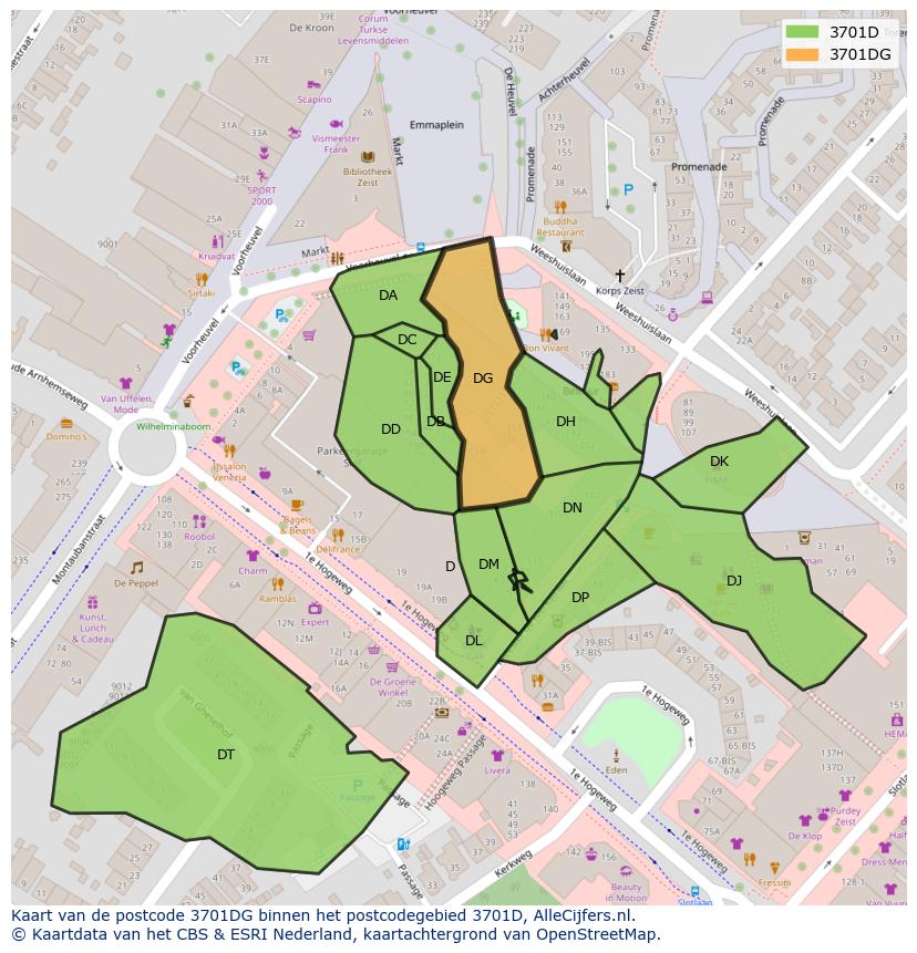 Afbeelding van het postcodegebied 3701 DG op de kaart.