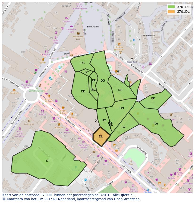 Afbeelding van het postcodegebied 3701 DL op de kaart.