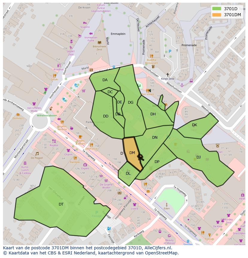 Afbeelding van het postcodegebied 3701 DM op de kaart.