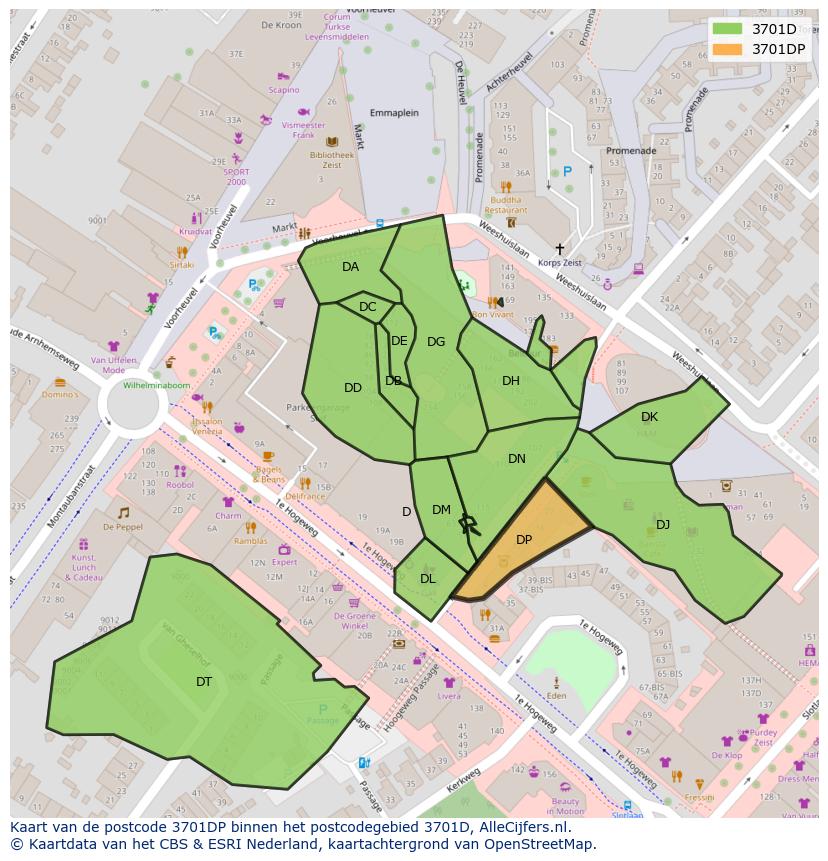 Afbeelding van het postcodegebied 3701 DP op de kaart.