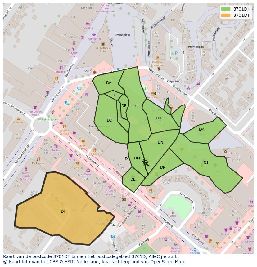 Afbeelding van het postcodegebied 3701 DT op de kaart.