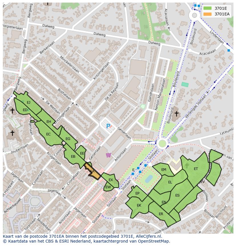 Afbeelding van het postcodegebied 3701 EA op de kaart.
