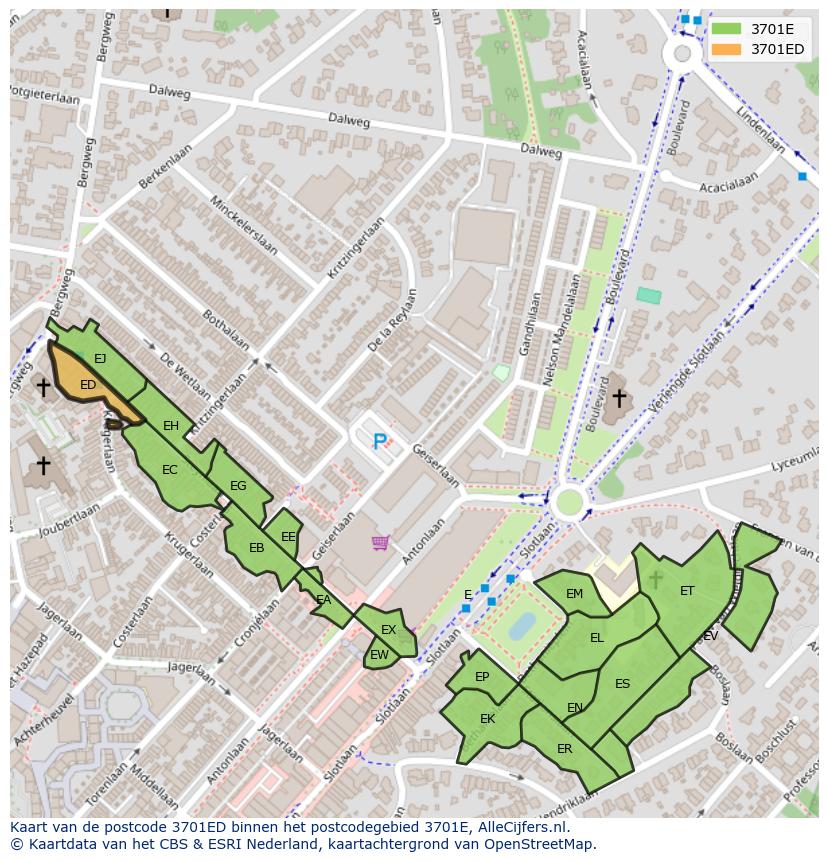 Afbeelding van het postcodegebied 3701 ED op de kaart.