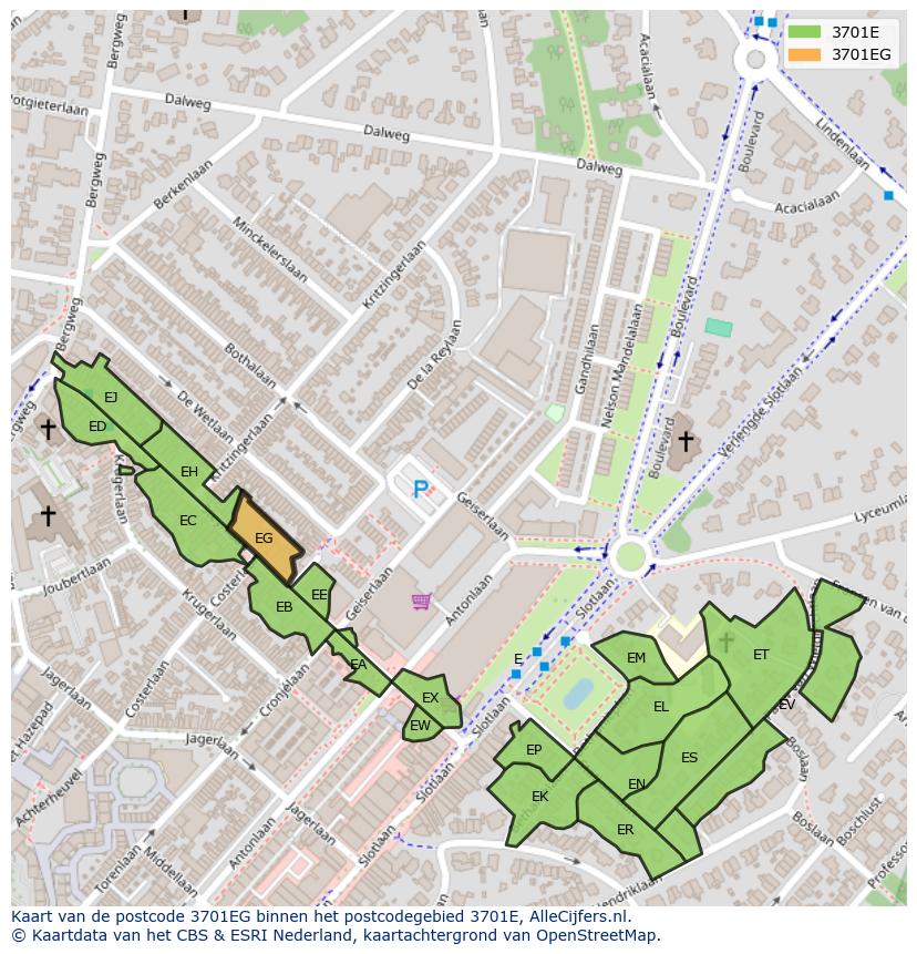 Afbeelding van het postcodegebied 3701 EG op de kaart.