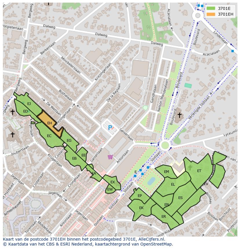 Afbeelding van het postcodegebied 3701 EH op de kaart.