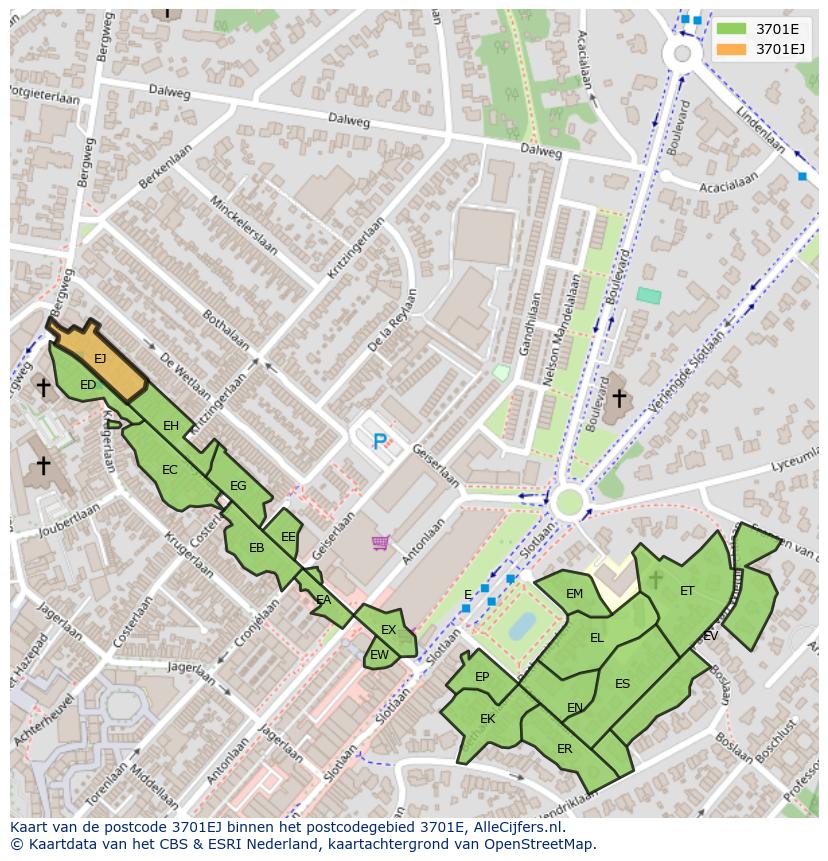 Afbeelding van het postcodegebied 3701 EJ op de kaart.