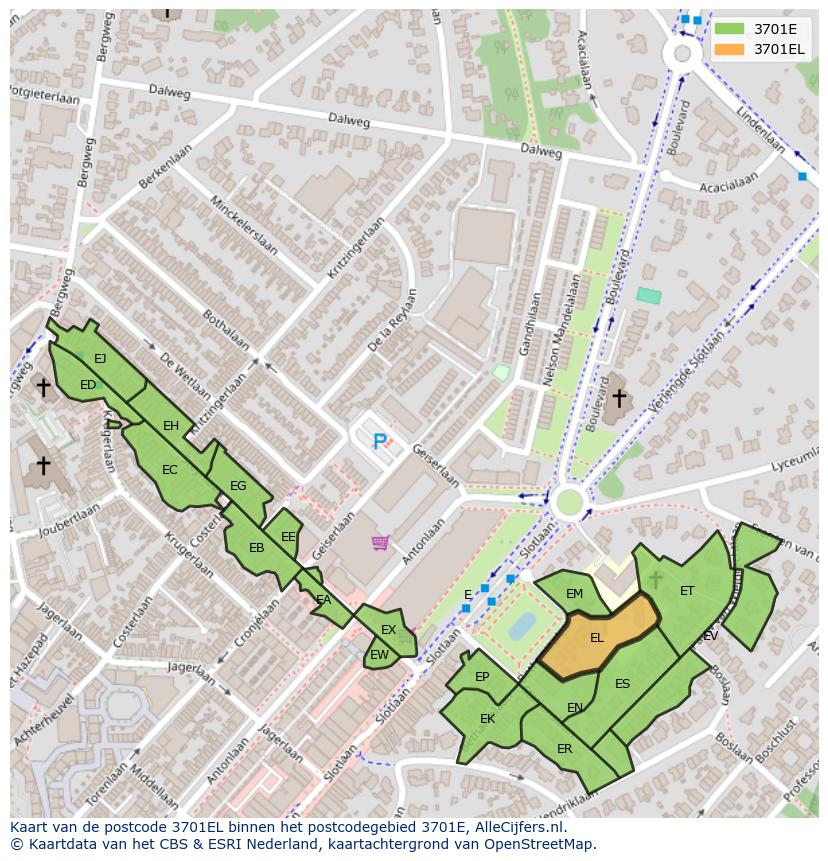 Afbeelding van het postcodegebied 3701 EL op de kaart.