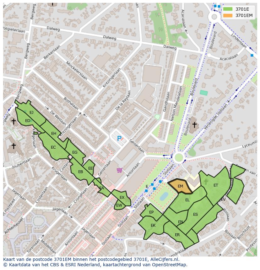 Afbeelding van het postcodegebied 3701 EM op de kaart.