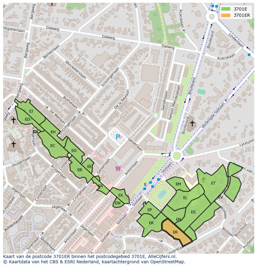 Afbeelding van het postcodegebied 3701 ER op de kaart.