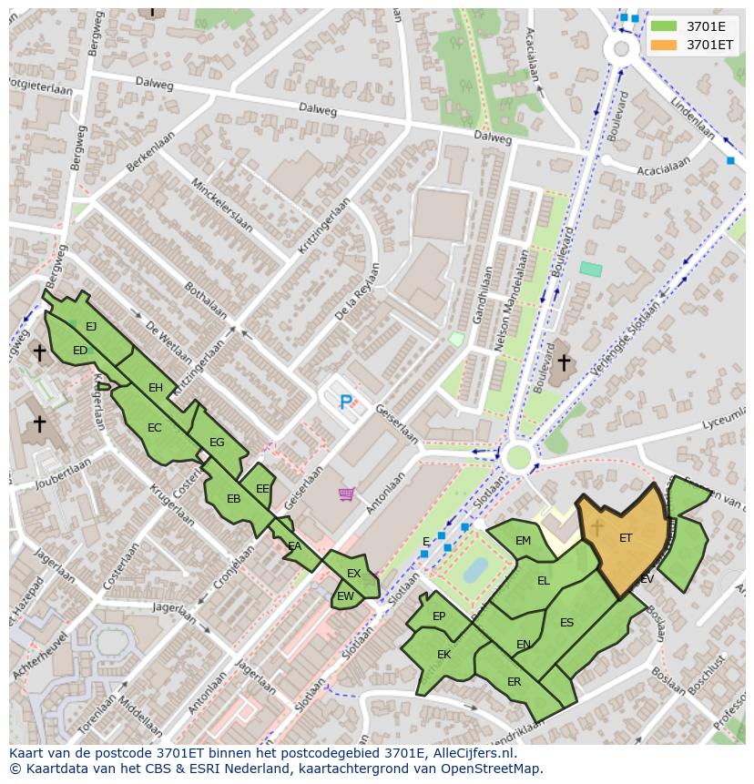 Afbeelding van het postcodegebied 3701 ET op de kaart.