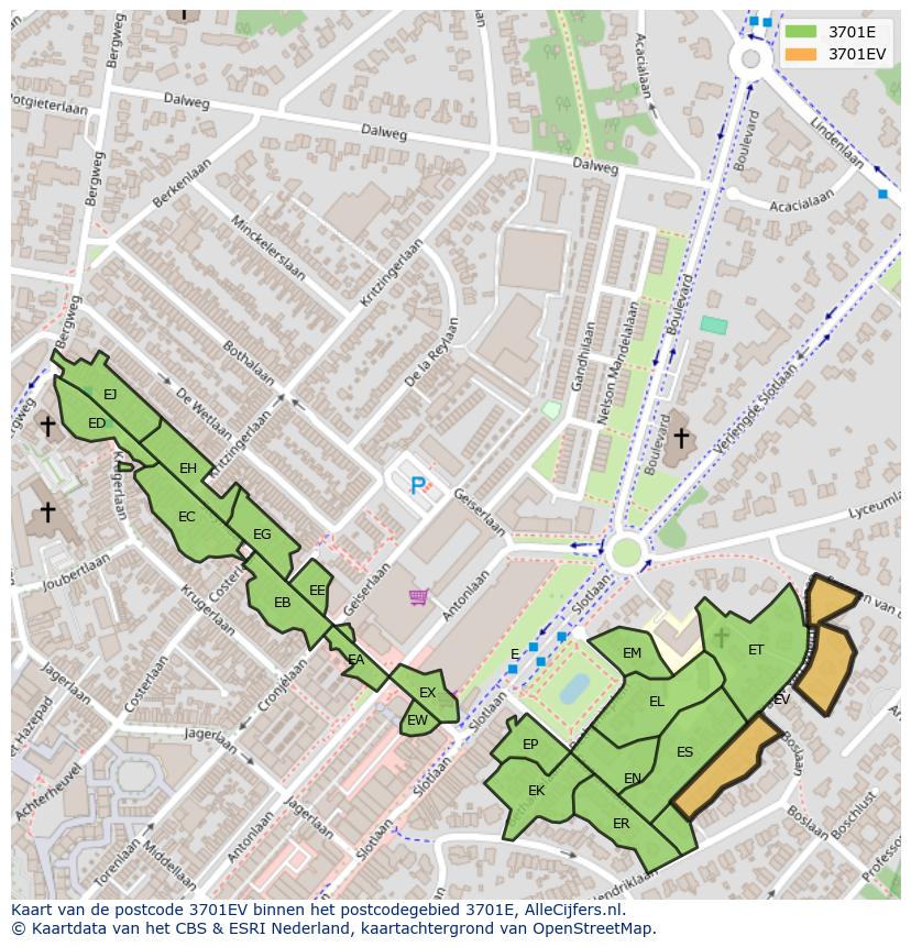 Afbeelding van het postcodegebied 3701 EV op de kaart.