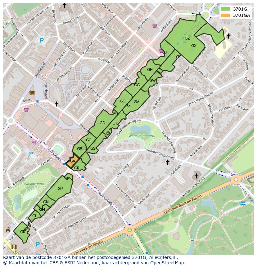 Afbeelding van het postcodegebied 3701 GA op de kaart.