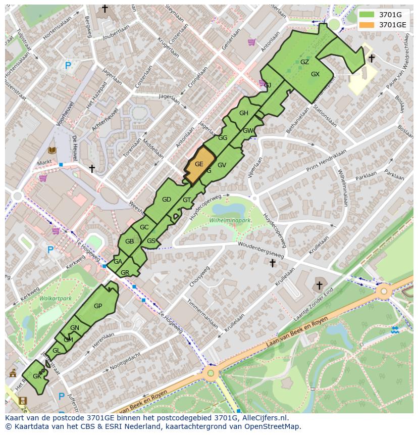 Afbeelding van het postcodegebied 3701 GE op de kaart.