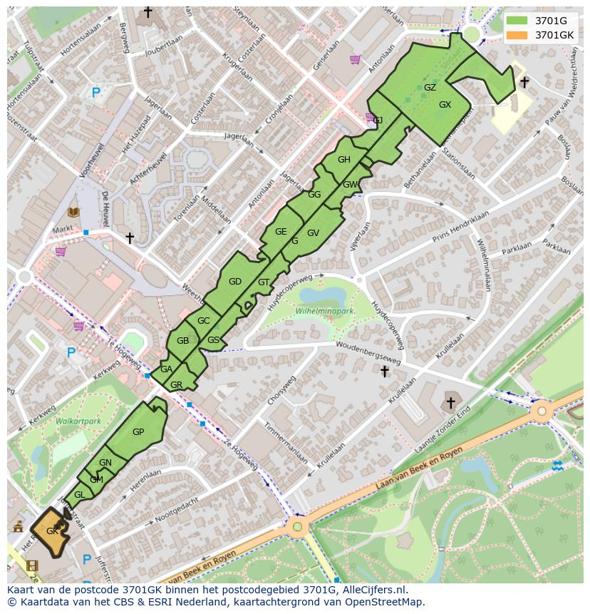Afbeelding van het postcodegebied 3701 GK op de kaart.