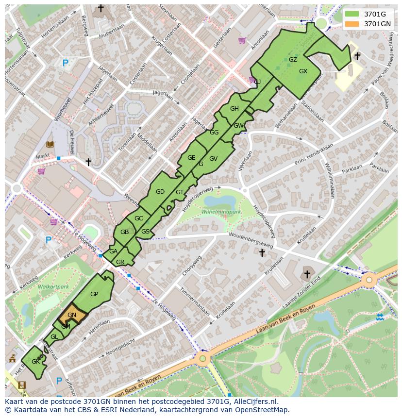 Afbeelding van het postcodegebied 3701 GN op de kaart.