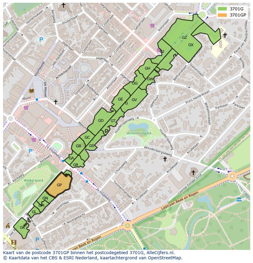 Afbeelding van het postcodegebied 3701 GP op de kaart.