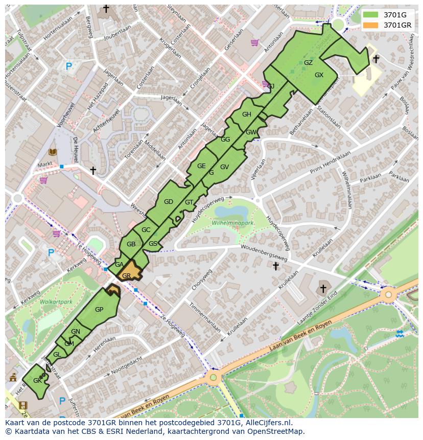 Afbeelding van het postcodegebied 3701 GR op de kaart.