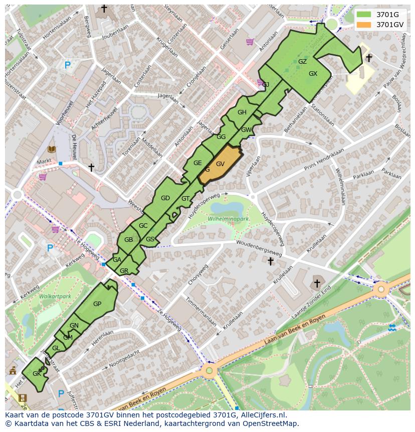 Afbeelding van het postcodegebied 3701 GV op de kaart.