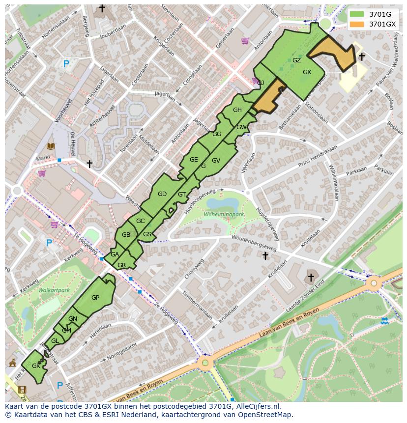 Afbeelding van het postcodegebied 3701 GX op de kaart.