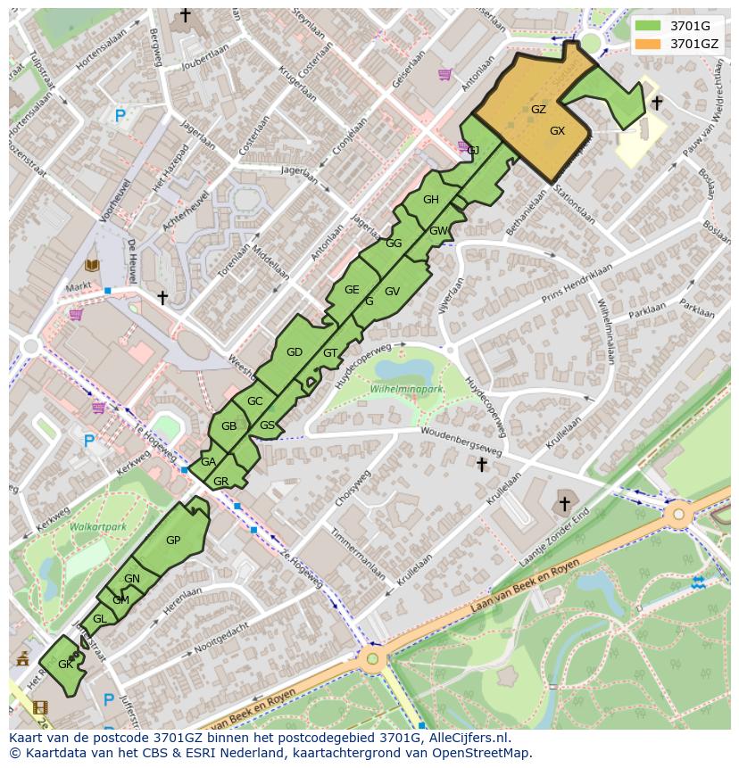 Afbeelding van het postcodegebied 3701 GZ op de kaart.