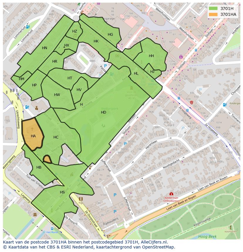 Afbeelding van het postcodegebied 3701 HA op de kaart.
