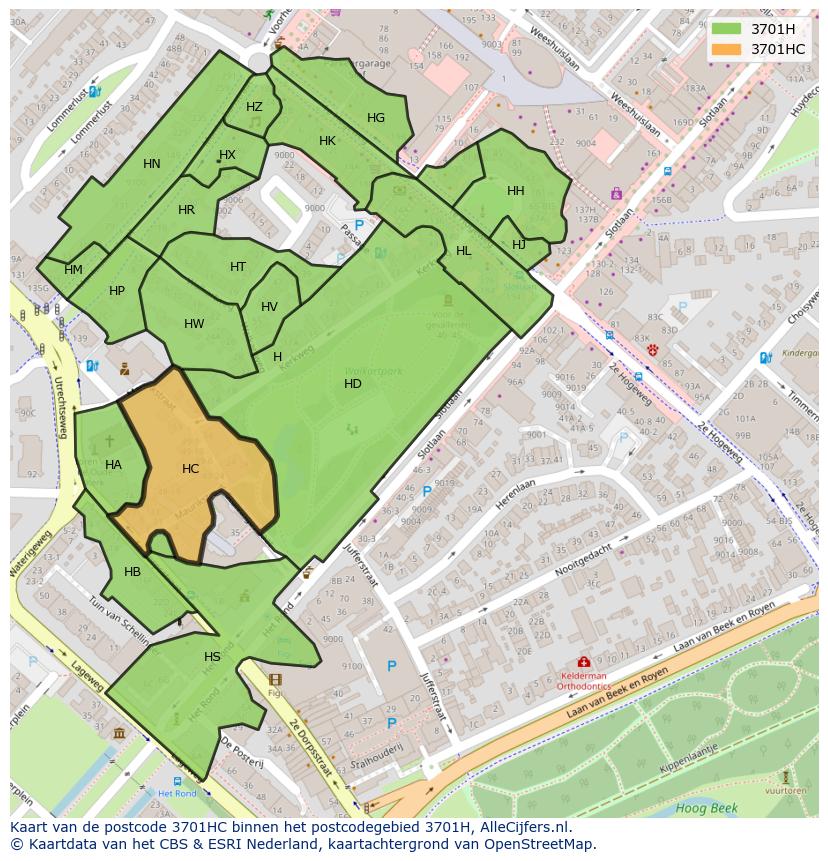 Afbeelding van het postcodegebied 3701 HC op de kaart.