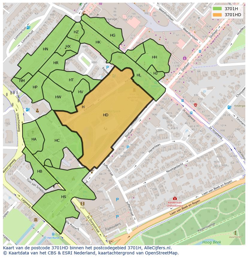 Afbeelding van het postcodegebied 3701 HD op de kaart.