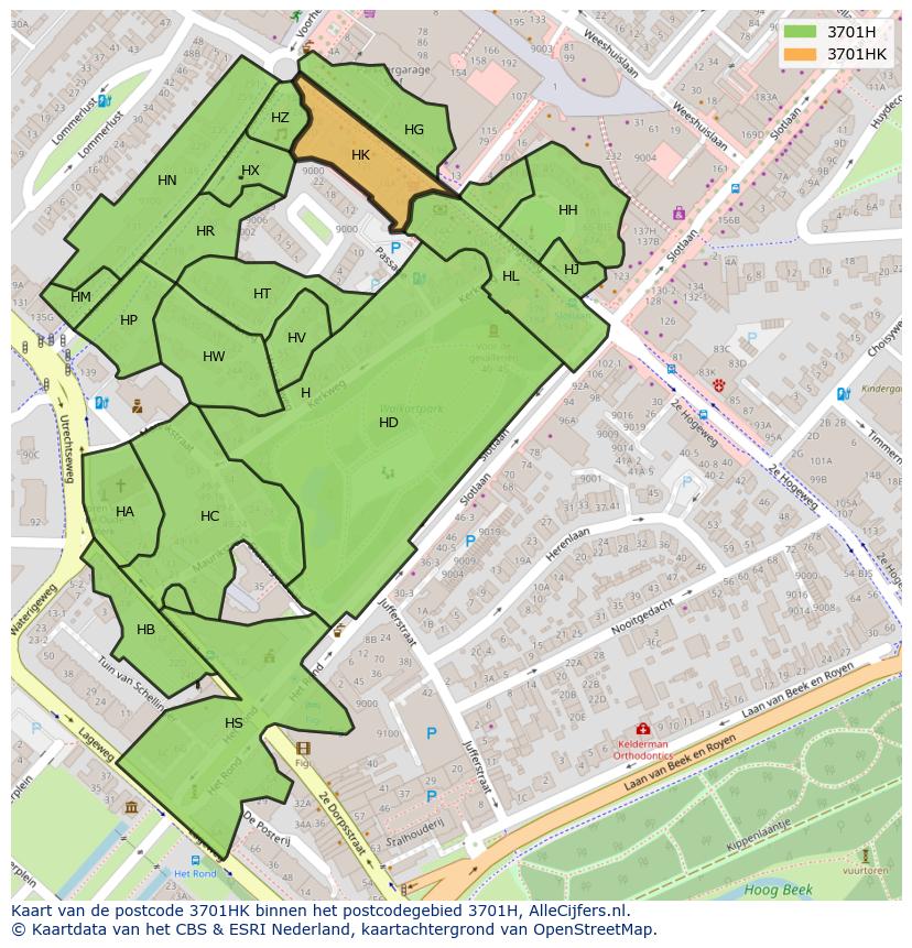 Afbeelding van het postcodegebied 3701 HK op de kaart.