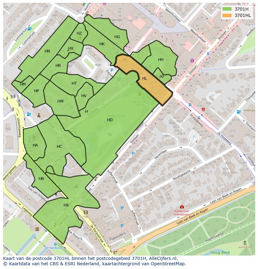 Afbeelding van het postcodegebied 3701 HL op de kaart.
