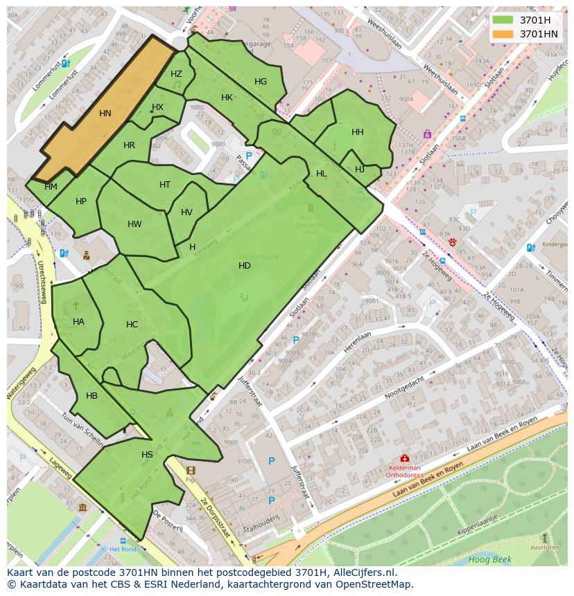 Afbeelding van het postcodegebied 3701 HN op de kaart.