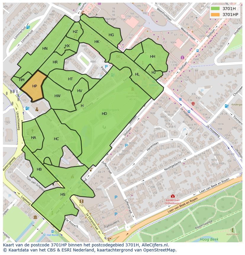 Afbeelding van het postcodegebied 3701 HP op de kaart.