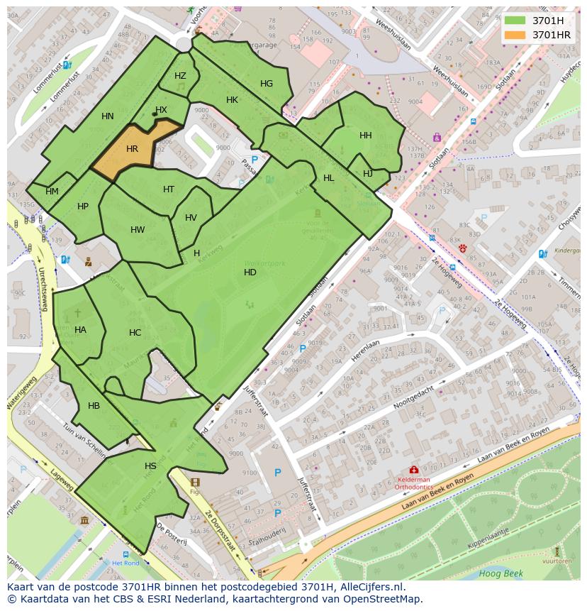 Afbeelding van het postcodegebied 3701 HR op de kaart.