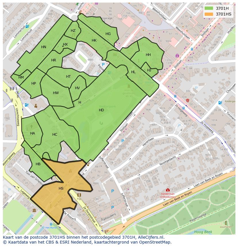 Afbeelding van het postcodegebied 3701 HS op de kaart.