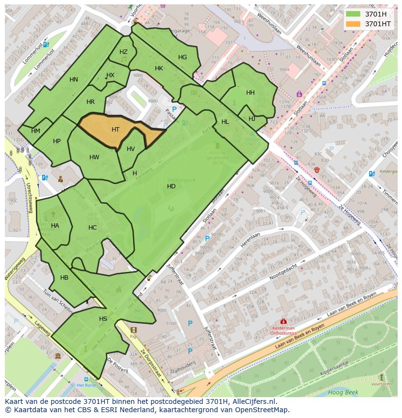 Afbeelding van het postcodegebied 3701 HT op de kaart.