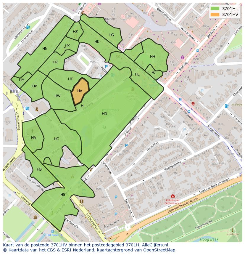 Afbeelding van het postcodegebied 3701 HV op de kaart.