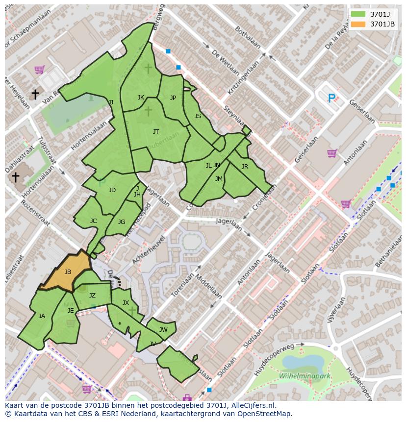 Afbeelding van het postcodegebied 3701 JB op de kaart.