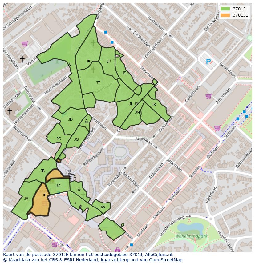 Afbeelding van het postcodegebied 3701 JE op de kaart.